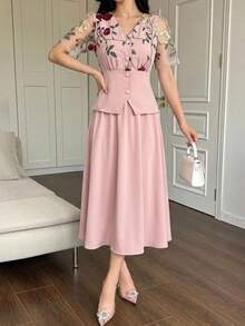 DAZY 女款優雅刺繡花卉拼接襯衫與裙子兩件套，春夏婚禮賓客女裙 - 粉色 - 查看 6
