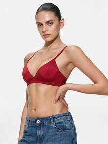 SHAPORA 1pc Burgundy Women's Bra, High-Quality Deep V Design - Burgundy - View 1