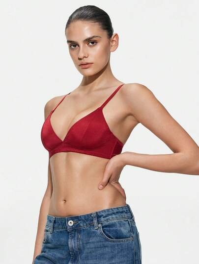 SHAPORA 1pc Burgundy Women's Bra, High-Quality Deep V Design