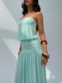 Aloruh Women's Romantic Sexy Solid Blue Strapless Ruched Waist A-Line Dress, Suitable For Spring/Summer Vacation & Date,Summer Dresses For Women - Mint Blue - View 9