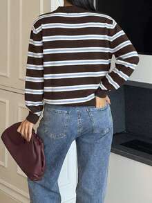 Ronhire 女式休闲宽松条纹 Polo 领落肩长袖毛衣，秋冬 - 棕色 - 查看 2