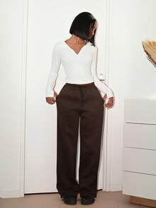 Mima John Women's Knitted Coffee Brown Long Straight Leg Sweatpants With Practical Pockets Wide Leg Sweatpants Brown Pants Flare Sweat Pants Brown Bottoms Women Y2k Pants - Coffee Brown - View 3