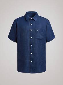 Officeau Men's Casual Blue Short Sleeve Button Up Shirt - Navy Blue - View 1