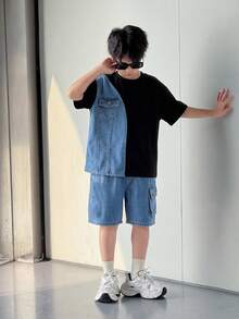 SHEIN Little Byeori 青少年男童休闲时尚牛仔拼接T恤搭配牛仔短裤，适合春夏日常穿着 - 黑色 - 查看 2