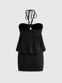 ROMWE J-Fashion Sexy Millennium Crystal Halter Neck Tie Mini Dress For Women - Black - View 2