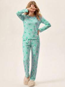Loomlin Bộ đồ ngủ nữ bằng cotton 2 mảnh kẻ sọc và họa tiết đen trắng, kiểu dáng dễ thương. - màu xanh lá - Xem 3
