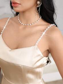 Modelyn Đầm hai dây bằng satin ngọc trai cao cấp của Pháp, đầm dạ hội thanh lịch thắt eo. - Màu be - Xem 2