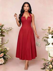 SHEIN Lady Vestito midi da donna con laccio al collo di colore rosso - Rosso - Visualizzare 7