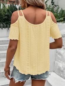 SHEIN LUNE Kaos Wanita Polos Tanpa Bahu, Kasual, Serbaguna untuk Pemakaian Sehari-hari - Kuning - View 2