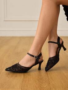 CUCCOO HITCHD Tacones de aguja con diamante de imitación para mujer, de tacón medio. Zapatos de vestir elegantes, casuales y minimalistas, cómodos y de fácil puesta, para bodas, trabajo, citas y ocasiones formales - Negro - Ver 5