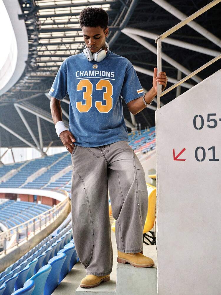 EVRINFINITE Shwiy 男士水洗复古效果学院风运动33数字印花短袖T恤，简约图案T恤，适合日常休闲穿着，黑色 - 藍色 - 查看 8