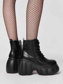 ROMWE Women Heeled Sandals~ 2026 New Fashion Autumn And Winter Punk Style Dark PU Round Toe High-Heeled Wedge Heel Thick-Soled Lace-Up Boots Small Ankle Boots - Black - View 5