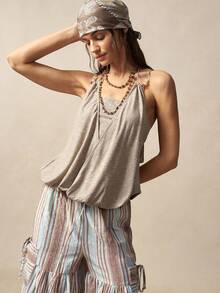 Bohemela Damen Sommer Lässig vielseitiges Design, mit Metall Nieten Verzierungen, 2 in 1 farblich abgesetztes Cami Top, auf verschiedene Arten zu tragen, Urlaub, geeignet für Lässig Ausflüge, Party Top, Strand, Grafik T-Shirt, Alltag, Rave Festival, Sommer für Frauen, Ausgehoberteil - Khaki - Übersicht 9