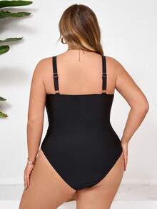 SHEIN CURVE+ 加大码女士黑色花卉饰边可拆卸肩带连体泳衣，适合海滩穿着 - 黑色 - 查看 2