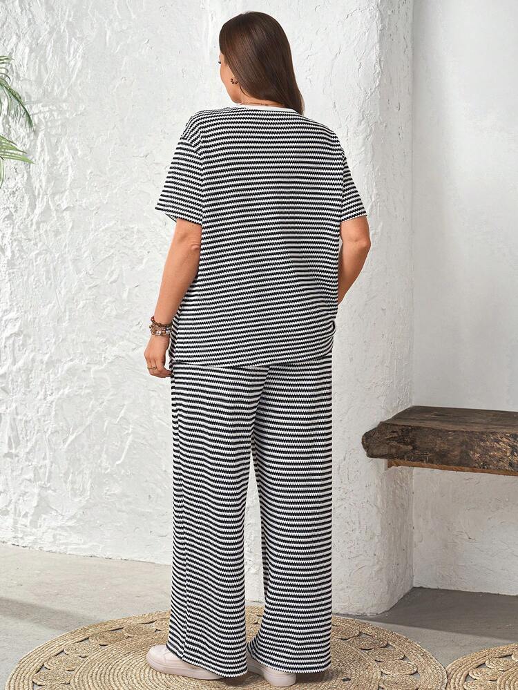2pc Set  Plus Size Women's Summer Casual Vacation Country Black & White Striped Top T-Shirt And Pants 2 Piece Set With Pockets, Spring/Summer,Summer\Vacation,Summer Holiday,Spring Break Outfits ,Vacation Outfits Women ,Holiday Outfits For Women,Going Out Outfits,2026 New Clothes,Simple And Fashionable For Everyday Wear,Suitable For Summer, Vacation, Daily Wear,Modest Two Piece Set, Plus Size Summer Sets,Plus Size Pants Set,Boho Set,Boho Pants Set For Women,Wide Leg Pants Set,2 Piece Casual Sets Woman, Short Sleeve Two Piece Set,Two Piece Set Women Comfy,Casual Home Set
