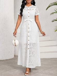 SHEIN Lady Women's Vacation Hollow-Out Embroidered Single-Breasted Short Sleeve Dress And Spaghetti Strap Dress Elegant 2 Pieces Set - White - View 1