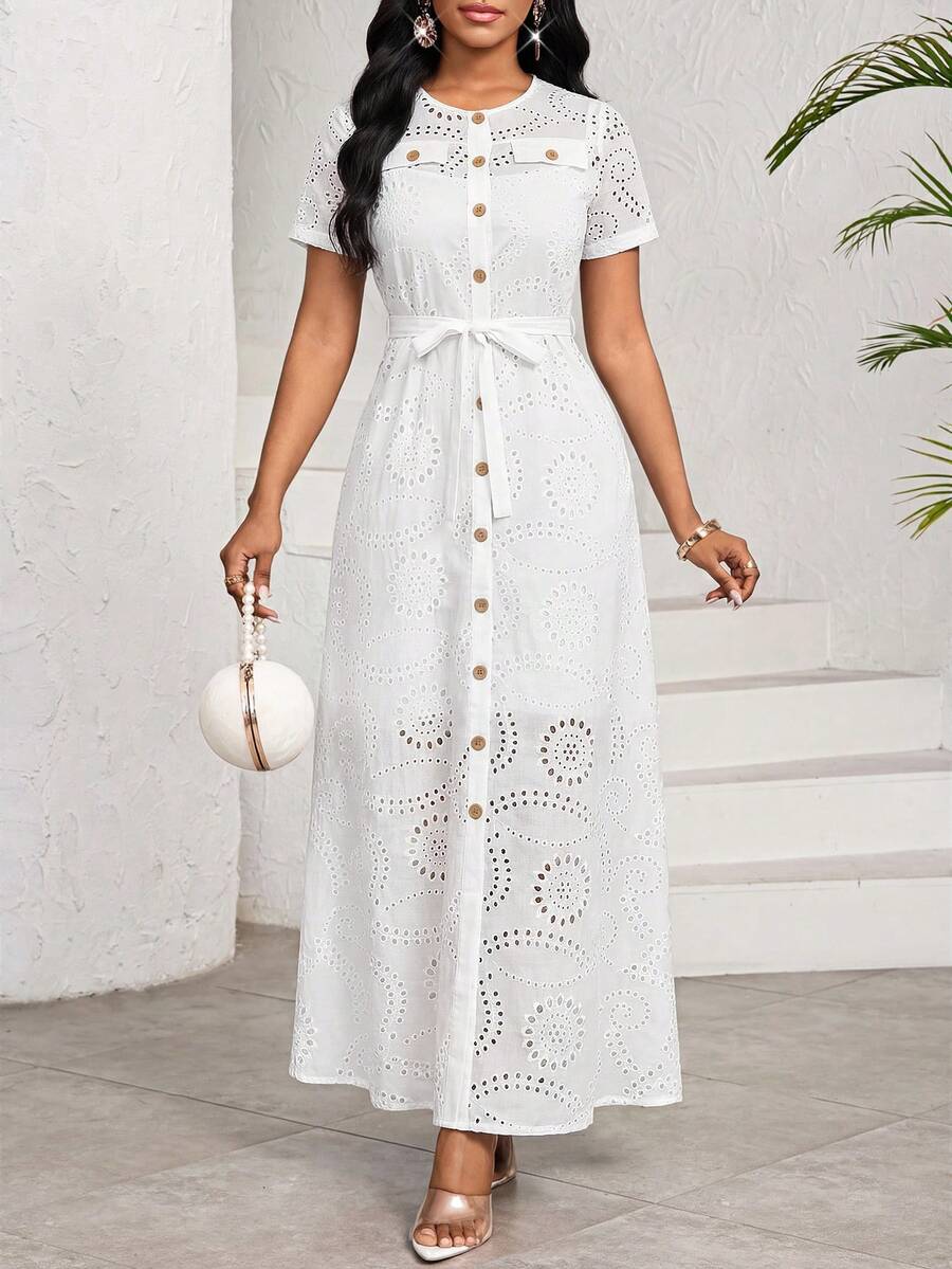 SHEIN Lady Women's Vacation Hollow-Out Embroidered Single-Breasted Short Sleeve Dress And Spaghetti Strap Dress Elegant 2 Pieces Set - White - View 1