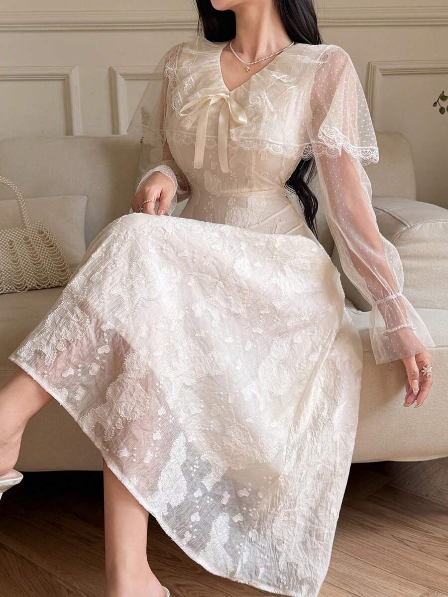 DAZY 女士优雅蕾丝拼接V领蝴蝶结中长连衣裙，春夏款 - 米色 - 查看 1