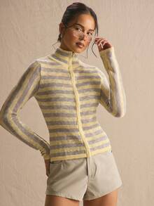 MUSERA Funnel Neck Stripe Knit Long Sleeve Zip Top Spring Summer Cosy Cute Daily Girly Vacation Sunlight Social - Multicolor - View 1