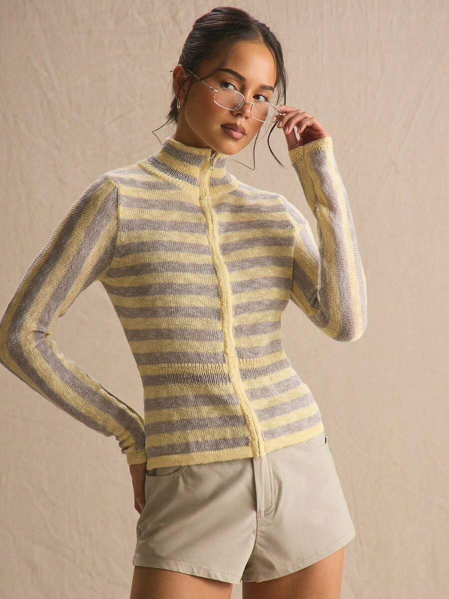 MUSERA Funnel Neck Stripe Knit Long Sleeve Zip Top Spring Summer Cosy Cute Daily Girly Vacation Sunlight Social - Multicolor - View 1