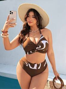 Swim Vcay 大码女式两件套泳装，波浪印花露背吊带镂空上衣搭配高腰拼接短裤，适合海滩度假 - 咖啡棕 - 查看 7