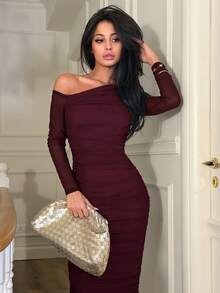 Ronhire 女士秋季褶皱网纱优雅约会/派对修身长袖中长连衣裙 - 紫紅色 - 查看 6