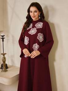 Al Najma Gaun Arab Elegan Lengan Panjang Kerah Tegak Motif Bunga untuk Wanita - Merah - View 6