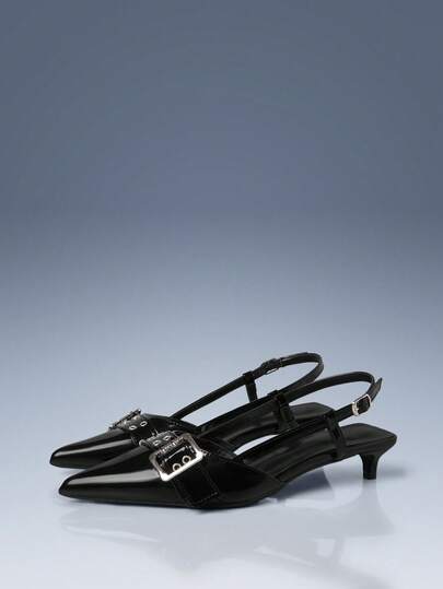 CUCCOO GRLICON Retro Burgundy Patent Leather Pointed Shoes Metal Single Buckle Decoration Kitten Heel Empty Women's Shoes