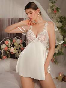 DelicateAllure Áo ngủ nữ, vải trắng phối ren trắng và nơ, thích hợp cho lễ hội âm nhạc, kỳ nghỉ, tiệc tùng, phong cách thanh lịch. - trắng - Xem 4