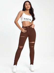 SHEIN EZwear Jeans pitillo negros con bolsillos sesgados y rotos - Marrón - View 3