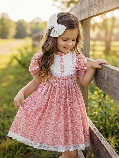 SHEIN Young Girl Ditsy Floral Ruffle Trim Contrast Color Puff Sleeve Chiffon Dress
