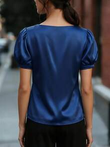 SHEIN 女士可变形方领花瓣袖修身亮蓝色休闲优雅T恤，夏季 - 藍色 - 查看 2