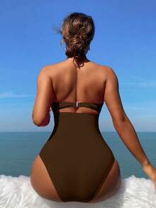 Swim Vcay Women's Sexy Solid Color Ruched Backless Halter One-Piece Swimsuit, Suitable For Beach & Holiday - Coffee Brown - View 2