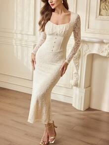 Vintamour 复古优雅女士针织提花蕾丝心形领口鱼尾修身连衣裙，适合派对、正式场合、夏季、度假、春季、春假等各种场合。优雅派对连衣裙、婚礼宾客礼服、毕业典礼礼服、正式场合礼服等，尽显优雅气质。 - 杏色 - 查看 7