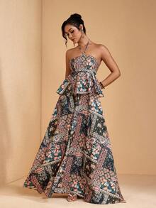 JIAN LASALA Áo maxi dáng chữ A rộng rãi, không tay, cổ yếm, buộc dây, in họa tiết toàn thân, kiểu boho dành cho nữ. - Nhiều màu - Xem 3