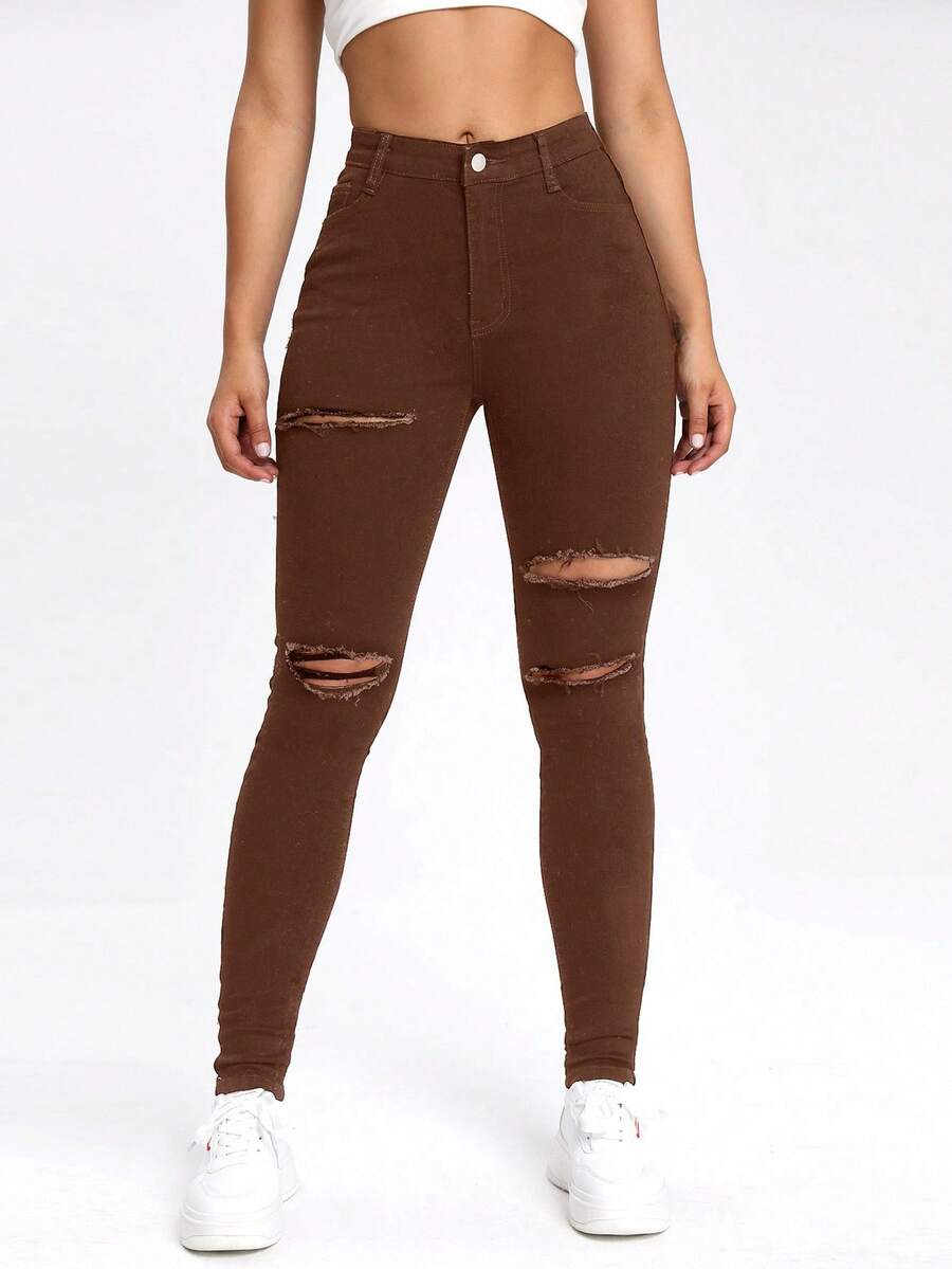 SHEIN EZwear Jeans pitillo negros con bolsillos sesgados y rotos - Marrón - View 1