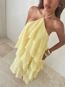 Aloruh Đầm nữ màu vàng trơn xếp ly mới, thích hợp cho mùa xuân/hè. - Vàng nhạt - Xem 6