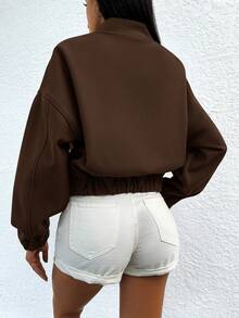 SHEIN Cottnline Cotton Women's Woolen Short Jacket With Baseball Collar - Coffee Brown - View 2