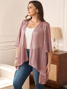 EMERY ROSE 大码优雅通勤不对称下摆条纹夹克，春夏款 - 藕粉色 - 查看 3