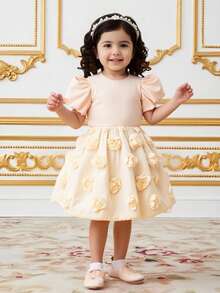SHEIN Girls' Satin Dress,Lantern Sleeves,Floral Decor,Elastic Waist,Flower Girl,Wedding,Performance,Party Ball,All Seasons,Pink,Summer,7th Birthday,Holiday - Apricot - View 4