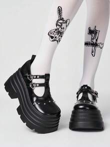 ROMWE Women Heeled Sandals~ 2026 New Fashion Spring And Autumn Punk Style Dark PU Round Head Thick Sole Heightening Mary Jane Small Leather Shoes Versatile Casual Muffin Wedge Heel High Heel Single Shoes Women - Black - View 3