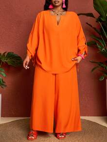 SHEIN CURVE+ Kích cỡ US22 (dành cho người có thân hình đầy đặn) Lễ hội âm nhạc, Kỳ nghỉ bên bờ biển, Phong cách Bohemia Bộ 2 món áo tay dài cổ bẻ màu trơn, trang phục phương Tây dành cho nữ - trái cam - Xem 4