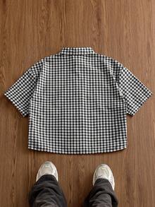 SWAVVY 1pc Men Y2K Clothes Funny Casual Fit High Street Vintage Style Plaid Cropped Shirts Back To School Fall Clothes Halloween Clothes Men Checkered Button Up Shirt Men Cropped Shirt Short Sleeve Plaid Shirt Men Boxy Shirt Men Street Wear Shirt Men Button Up Shirt Checkered Shirt Men Short Sleeve Plaid Shirt - Coffee Brown - View 2