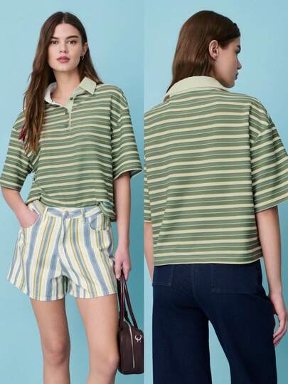 Nöista 这款休闲条纹短袖Polo衫采用复古深绿色横条纹和白色领子设计。宽松的版型使其成为春夏日常穿着的必备休闲学院风单品。