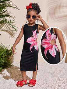 少女热带紫红色圆领露腰A字连衣裙 - 黑色 - 查看 4