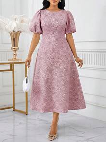 SHEIN Lady Women's Jacquard Round Neck Short Petal Sleeve Midi Dress Brocade Jacquard Dress Belle Elegant Dress French Style Dress Elegant Midi Dress Puffy Sleeve Dress - Dusty Pink - View 3