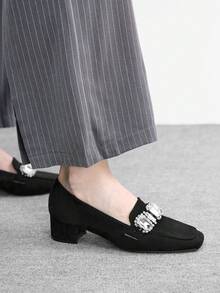 CUCCOO BIZCHIC Women's New Thick Heel Loafers, Fashionable Suede Rhinestone Decor Square Toe Shoes - Black - View 2