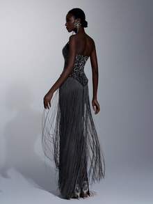 Elitara 优雅奢华花卉串珠刺绣露肩U领腰部流苏装饰修身连衣裙，适合晚宴、展览、商务活动及其他场合。 - 彩色 - 查看 1