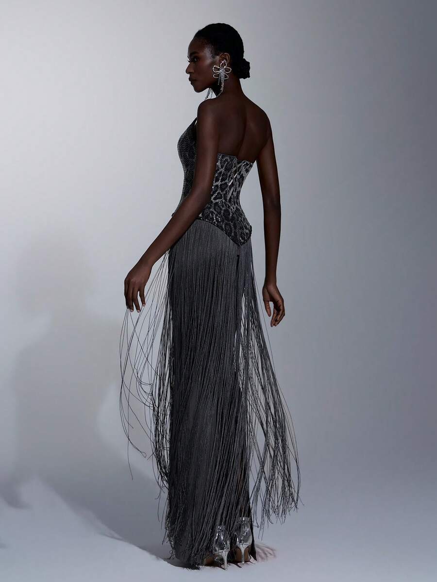 Elitara 优雅奢华花卉串珠刺绣露肩U领腰部流苏装饰修身连衣裙，适合晚宴、展览、商务活动及其他场合。 - 彩色 - 查看 1