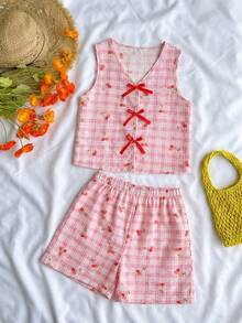SHEIN ChillGRL 两件套少女甜美可爱印花无袖上衣，饰有3D蝴蝶结，搭配宽松休闲阔腿短裤，适合日常、通勤、休闲、度假、朋友聚会、海滩派对等场合。 - 粉色 - 查看 3
